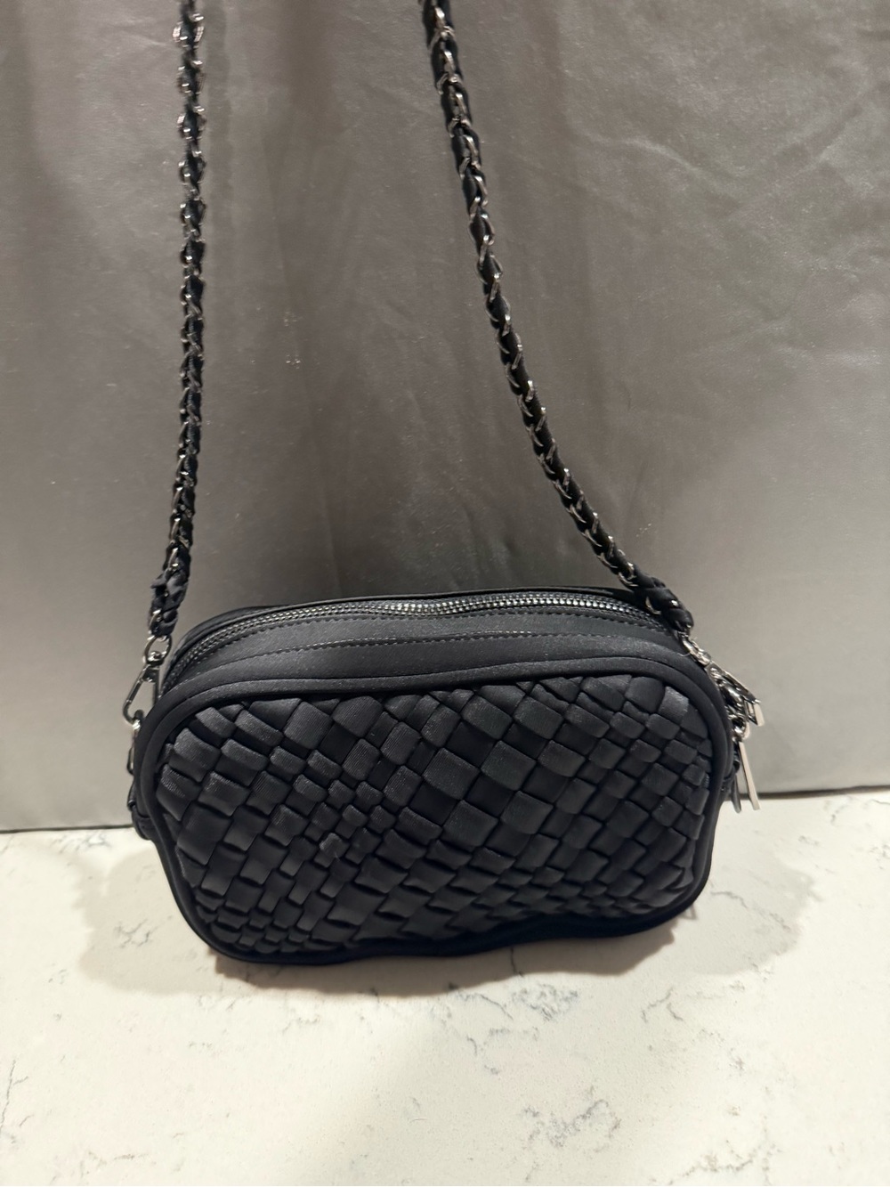 Woven Black Crossbody Bag with Chain-Trim Strap
